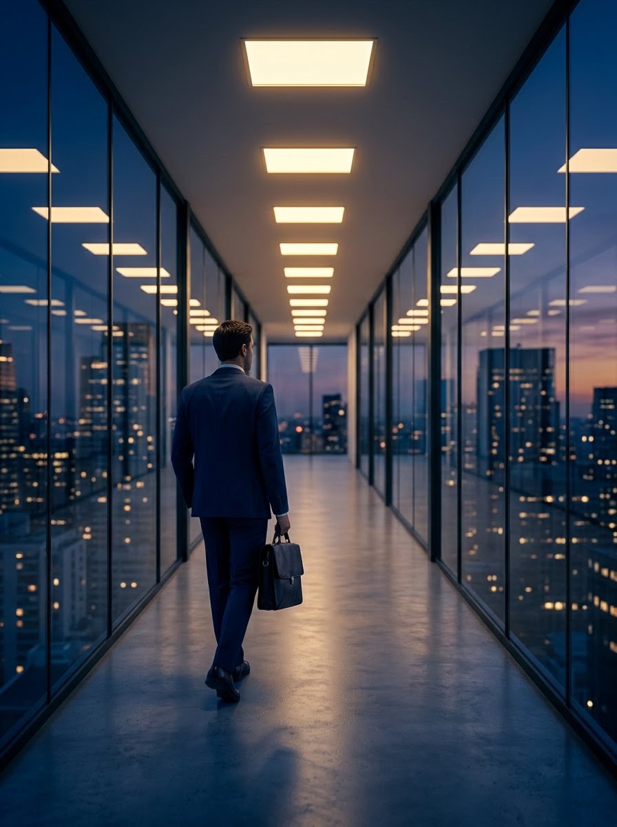 A colleague walking down a glass-walled corridor at dusk