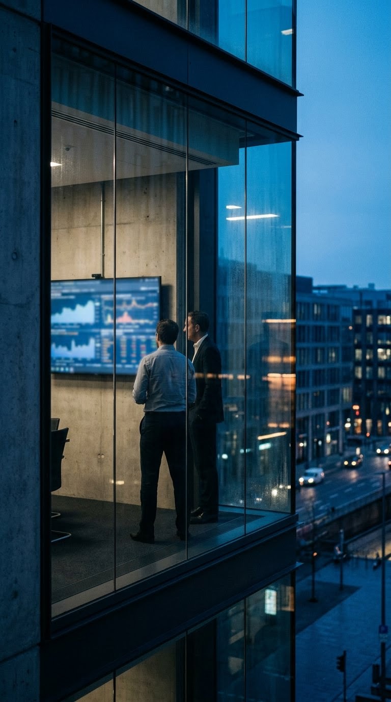 Two colleagues reviewing charts on a screen in a glass-walled meeting room at dusk