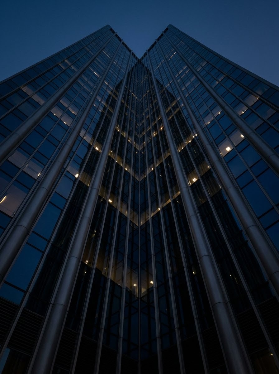 The glass facade of an office tower seen from below at dusk